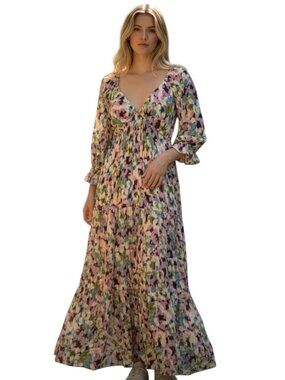 Shasa Floral Maxi Dress Womens M Boho Cottagecore Puff Sleeve Smocked Tiered